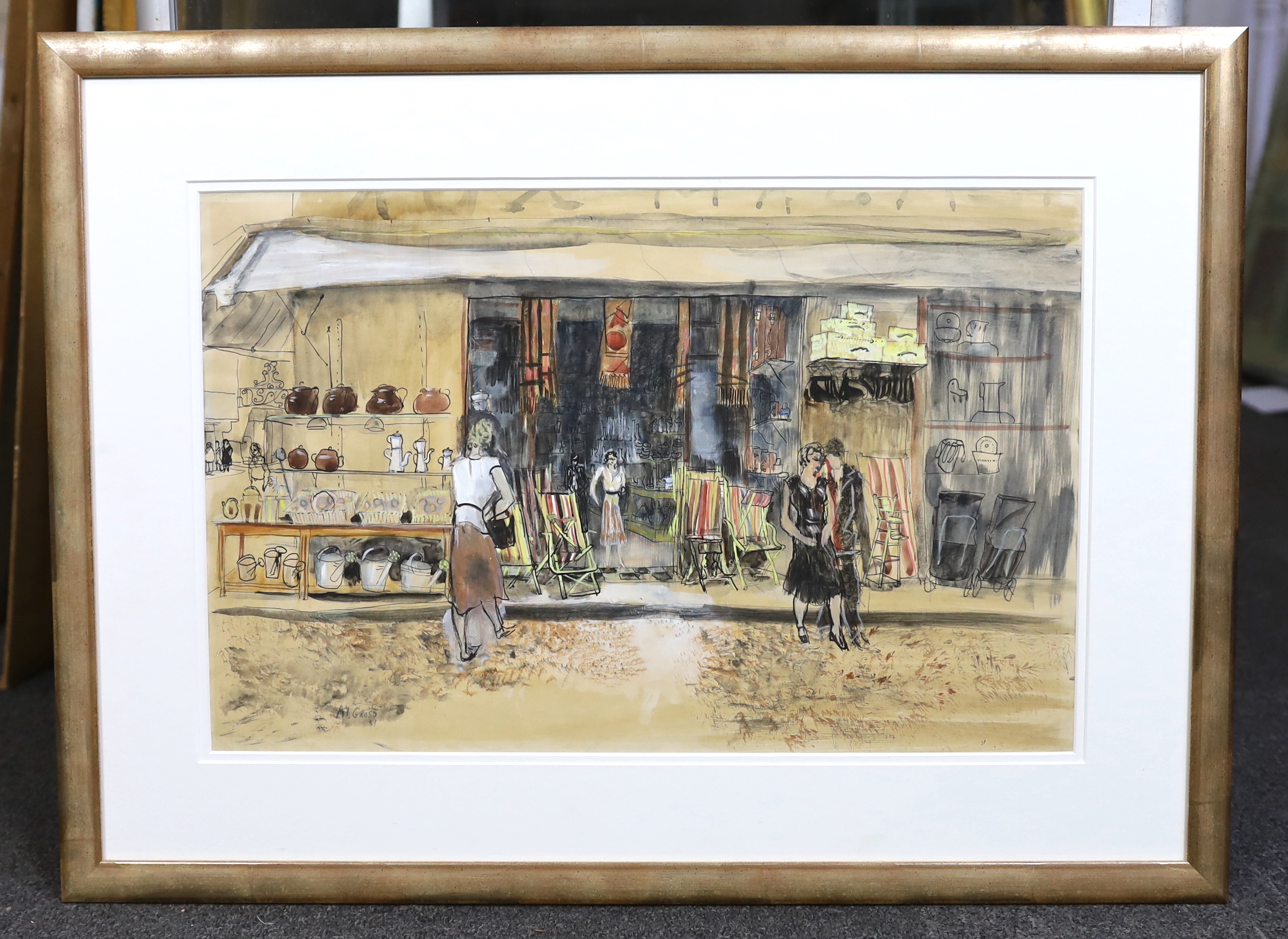 Anthony W. Gross (English, 1905 -1984), 'Provence', figures outside a hardware shop, watercolour and ink on paper, 32 x 49.5cm